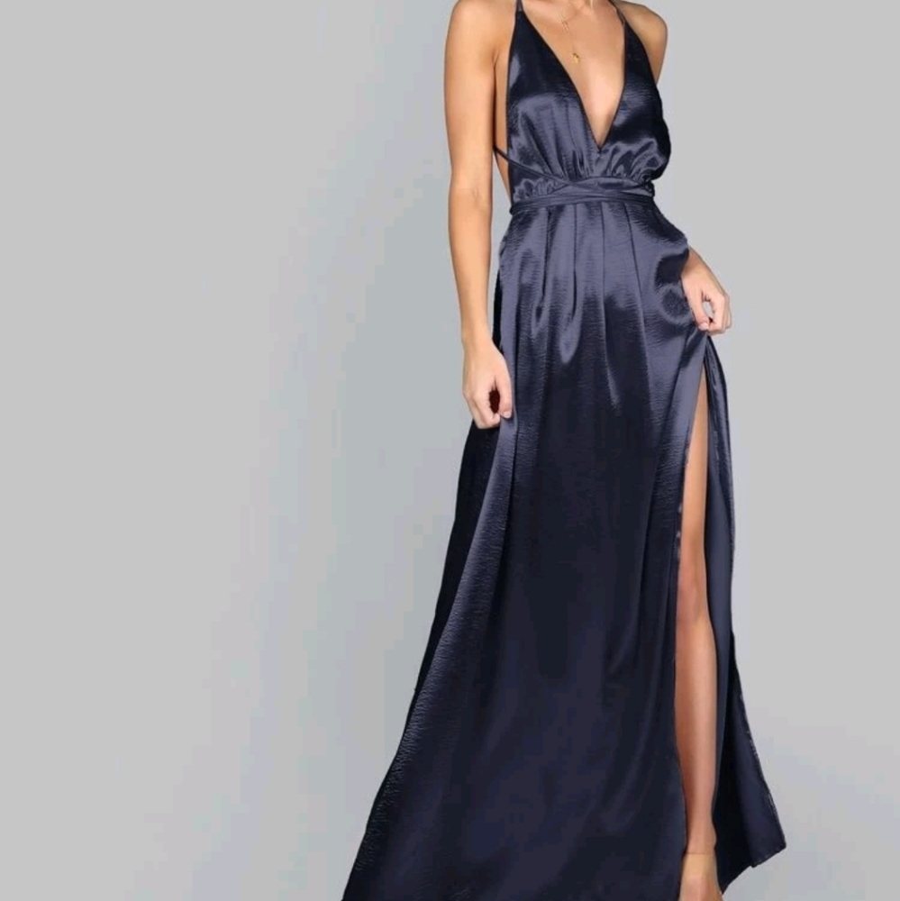 NEW PLUNGE NECK SPLIT THIGH SATIN DRESS